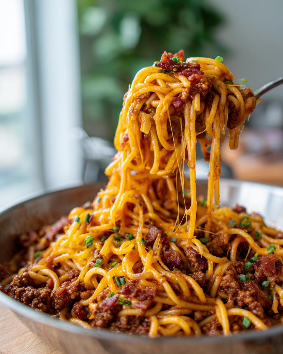 A fork lifting a generous portion of Loaded Bacon Cheeseburger Pasta, showing melted cheese and crispy bacon bits.
