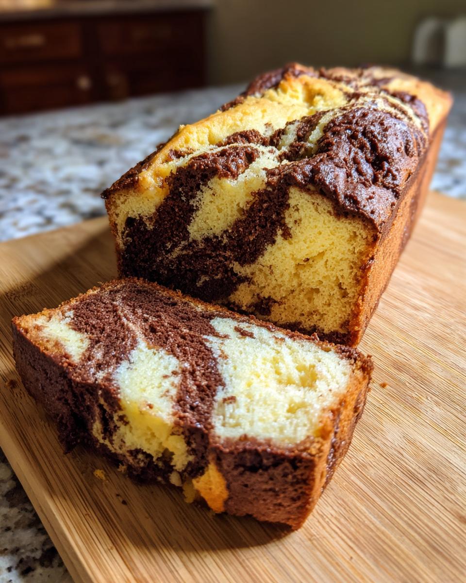 A slice of moist Marble Loaf Cake with distinct swirls of chocolate and vanilla batter on a wooden board.