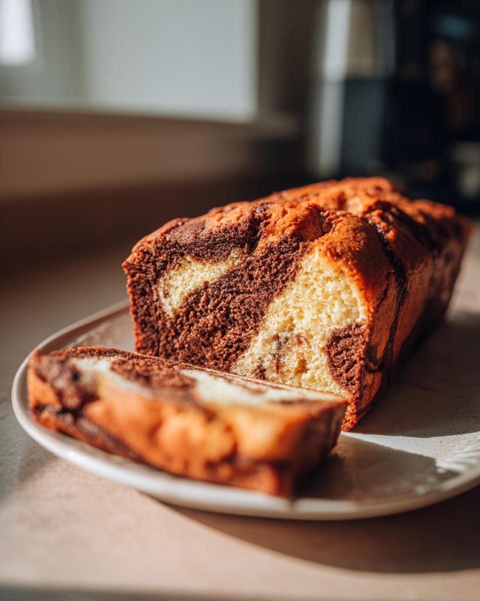 A slice of moist Marble Loaf Cake with beautiful chocolate and vanilla swirls on a plate.