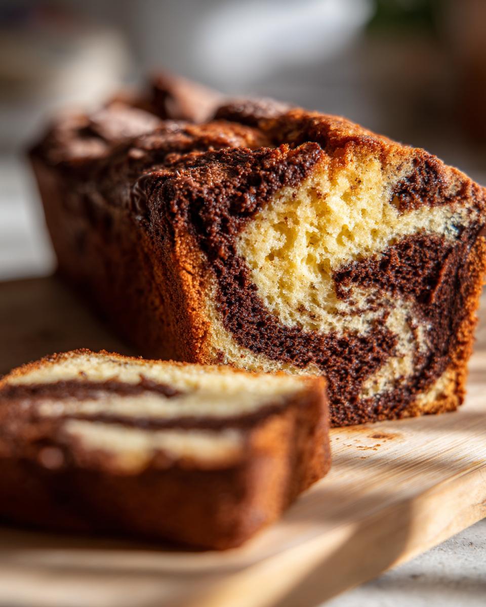 A close-up of a freshly baked Marble Loaf Cake, showing the beautiful chocolate and vanilla swirls, with a slice in the foreground.