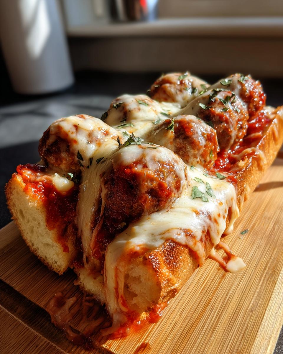 A close-up of a delicious meatball sub, loaded with meatballs, marinara sauce, and melted cheese on a toasted roll.
