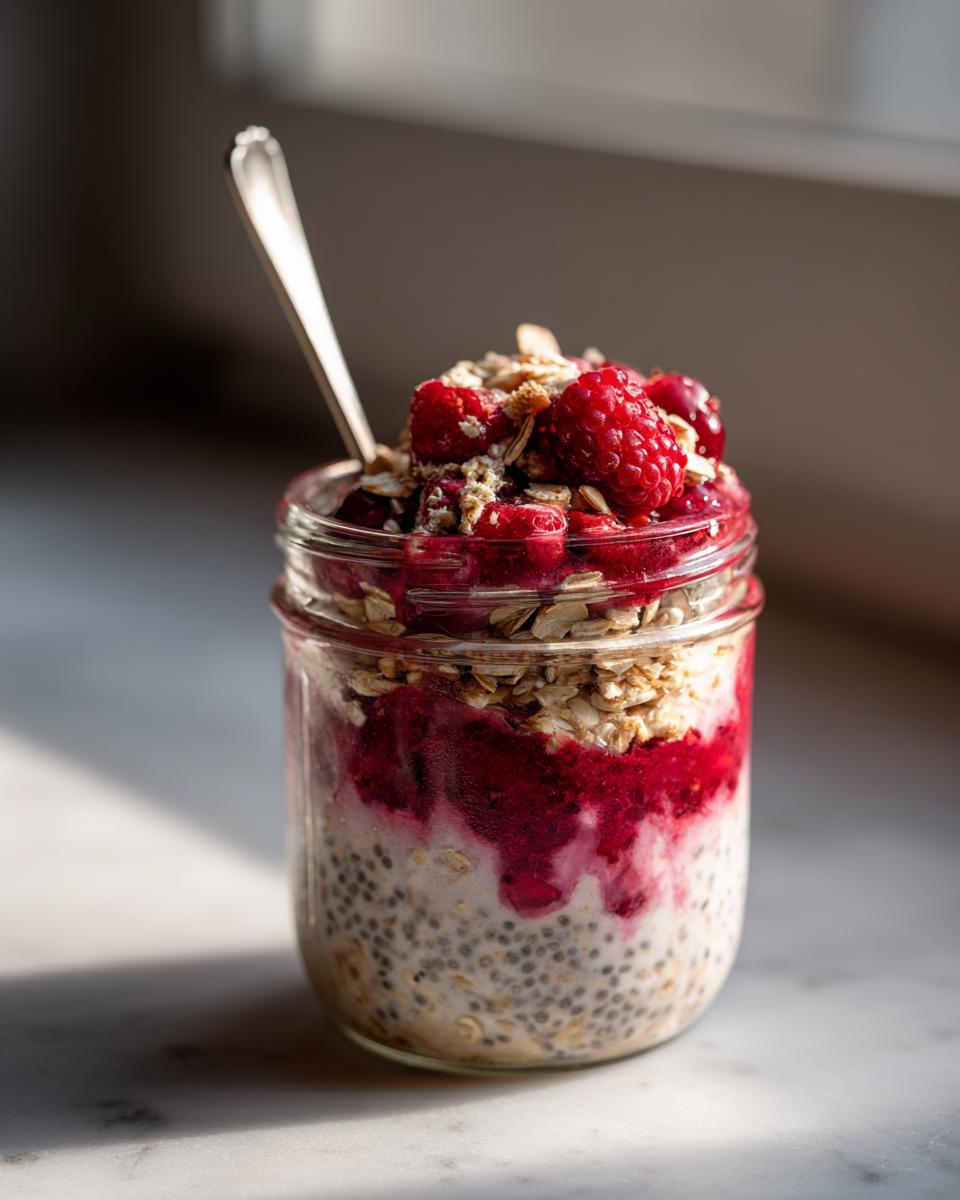 Close-up of Mixed Berry Overnight Oats in a mason jar, topped with fresh raspberries and granola.