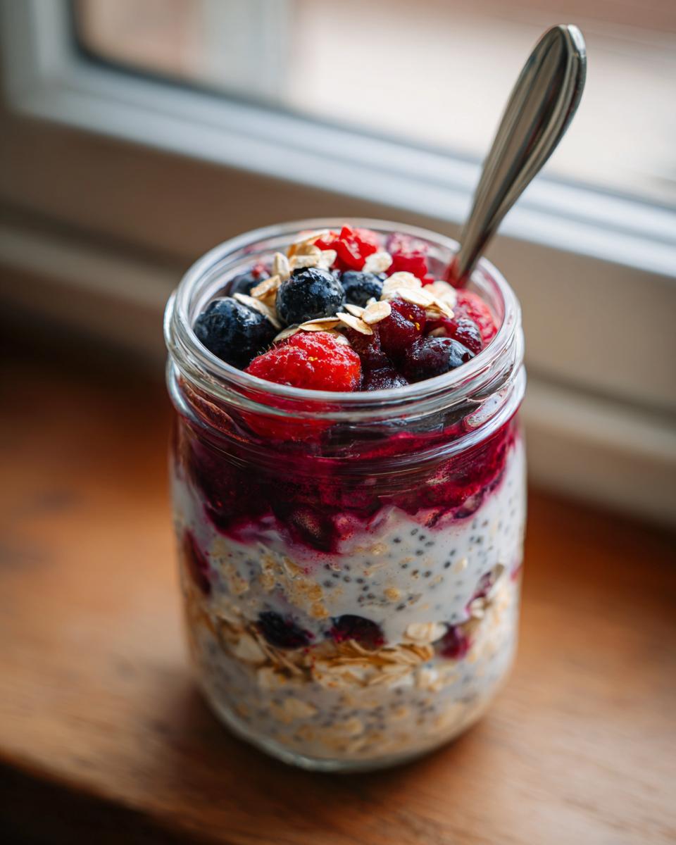 A delicious jar of Mixed Berry Overnight Oats layered with oats, chia seeds, and fresh berries, topped with more fruit and a spoon.