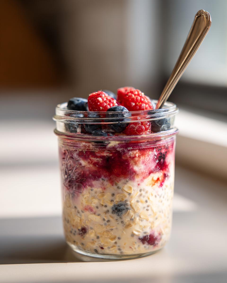 Close-up of Mixed Berry Overnight Oats in a jar, topped with fresh blueberries and raspberries, with a spoon.
