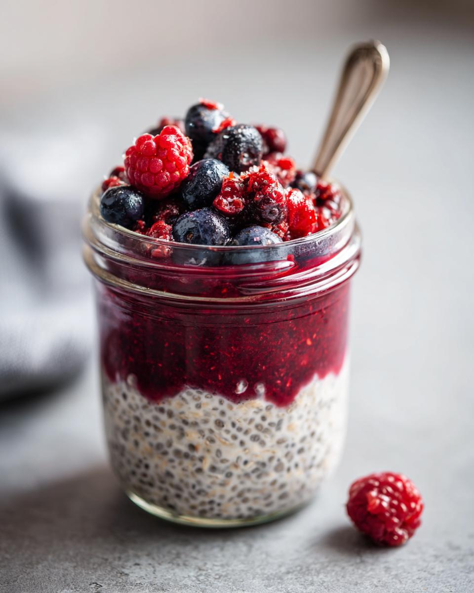Close-up of Mixed Berry Overnight Oats in a glass jar, topped with fresh berries and a spoon.