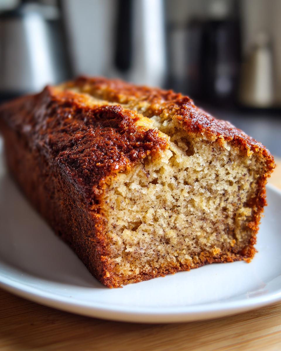 A close-up of a moist banana cake loaf on a white plate, showcasing its golden-brown crust and tender crumb.