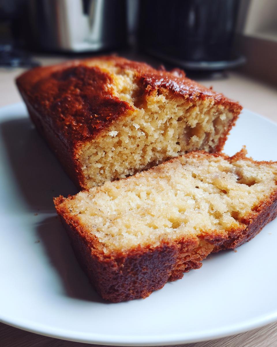 Close-up of a moist Banana Cake slice on a white plate, showing its tender crumb and golden-brown crust.