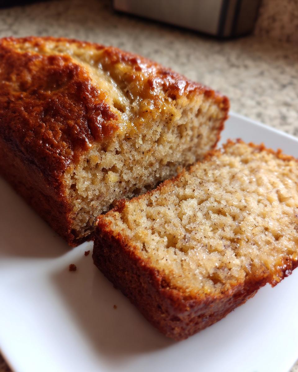 Close-up of a moist banana cake slice on a white plate, showing the crumb texture and golden-brown crust.