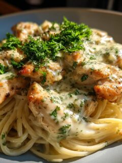 A close-up of delicious Monterey Chicken Spaghetti topped with creamy sauce and fresh parsley.