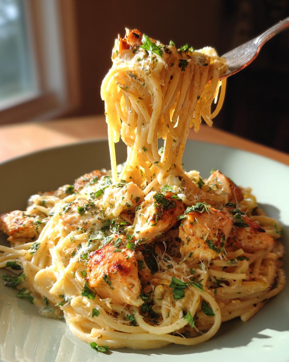A fork lifting a generous portion of Monterey Chicken Spaghetti, showing creamy pasta, seasoned chicken pieces, and fresh parsley.