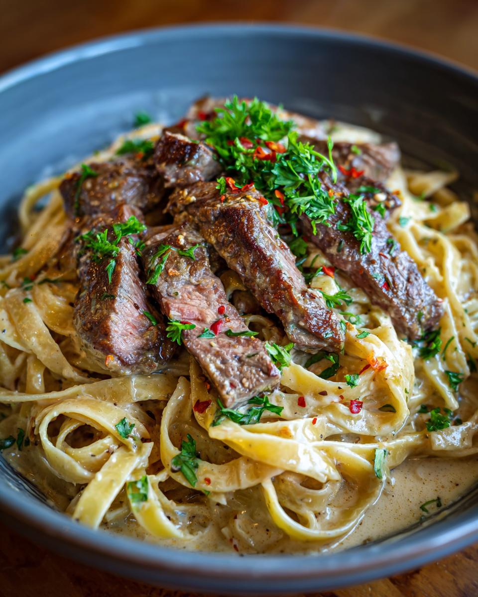 A close-up of One Pot Creamy Spicy Garlic Steak Pasta, featuring tender steak slices over fettuccine in a rich sauce, garnished with parsley and chili flakes.