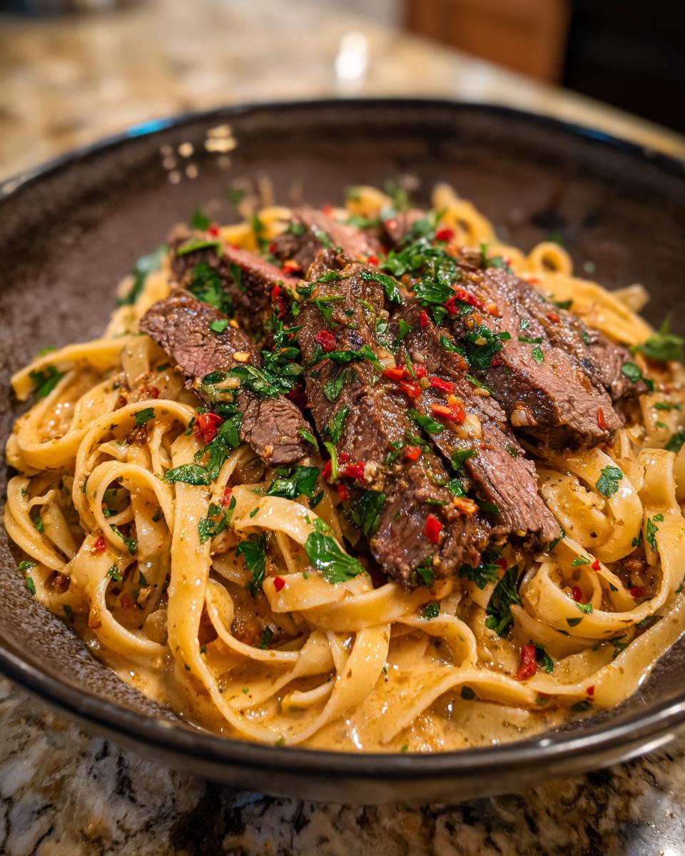 A close-up of One Pot Creamy Spicy Garlic Steak Pasta, featuring sliced steak over fettuccine in a creamy sauce, garnished with chili flakes and parsley.