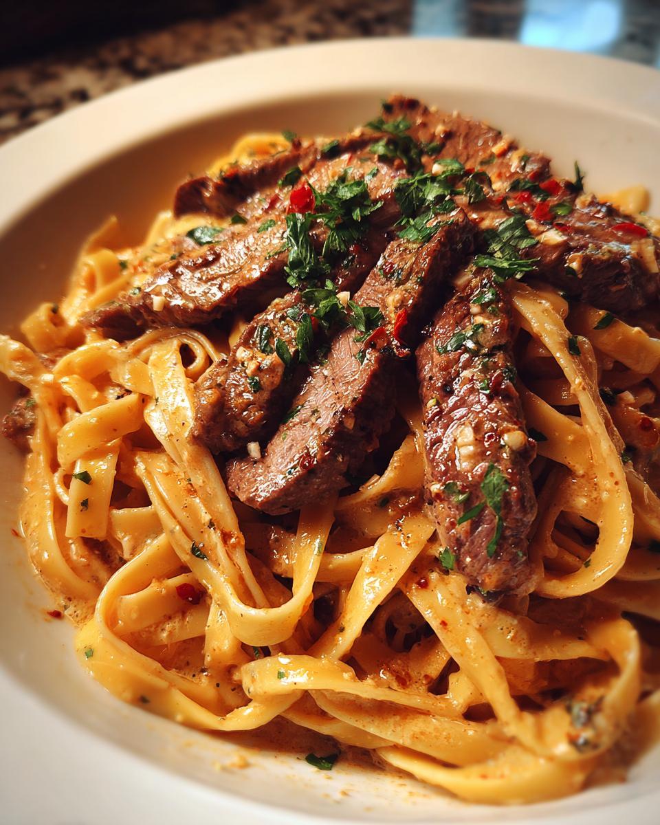 Close-up of One Pot Creamy Spicy Garlic Steak Pasta with sliced steak and fettuccine.