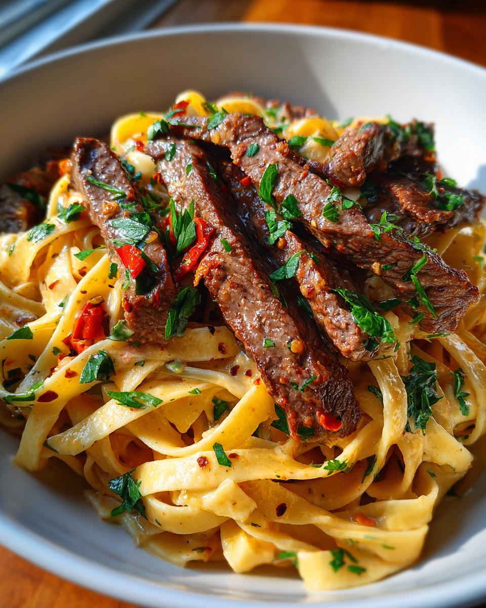 A close-up of One Pot Creamy Spicy Garlic Steak Pasta, featuring fettuccine noodles coated in creamy sauce, topped with sliced steak and garnished with parsley and chili flakes.