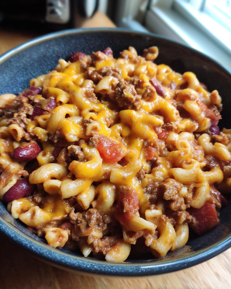 A close-up of a bowl filled with One Pot Taco Pasta, featuring elbow macaroni, seasoned ground beef, kidney beans, and melted cheddar cheese.