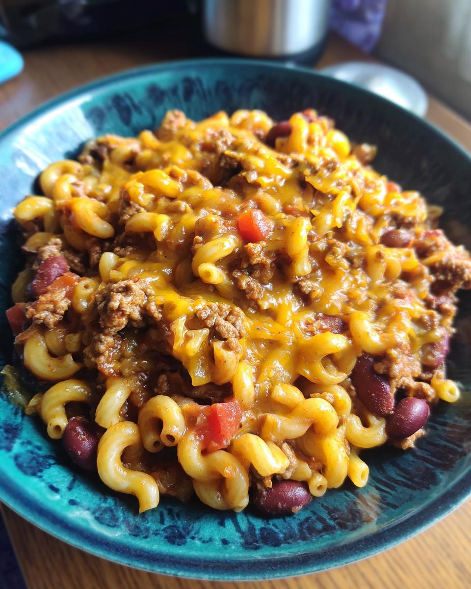 A close-up of a bowl of One Pot Taco Pasta, featuring elbow macaroni, seasoned ground beef, kidney beans, and melted cheddar cheese.