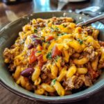 Close-up of a bowl of One Pot Taco Pasta, featuring elbow macaroni, ground beef, kidney beans, tomatoes, and melted cheddar cheese, garnished with parsley.