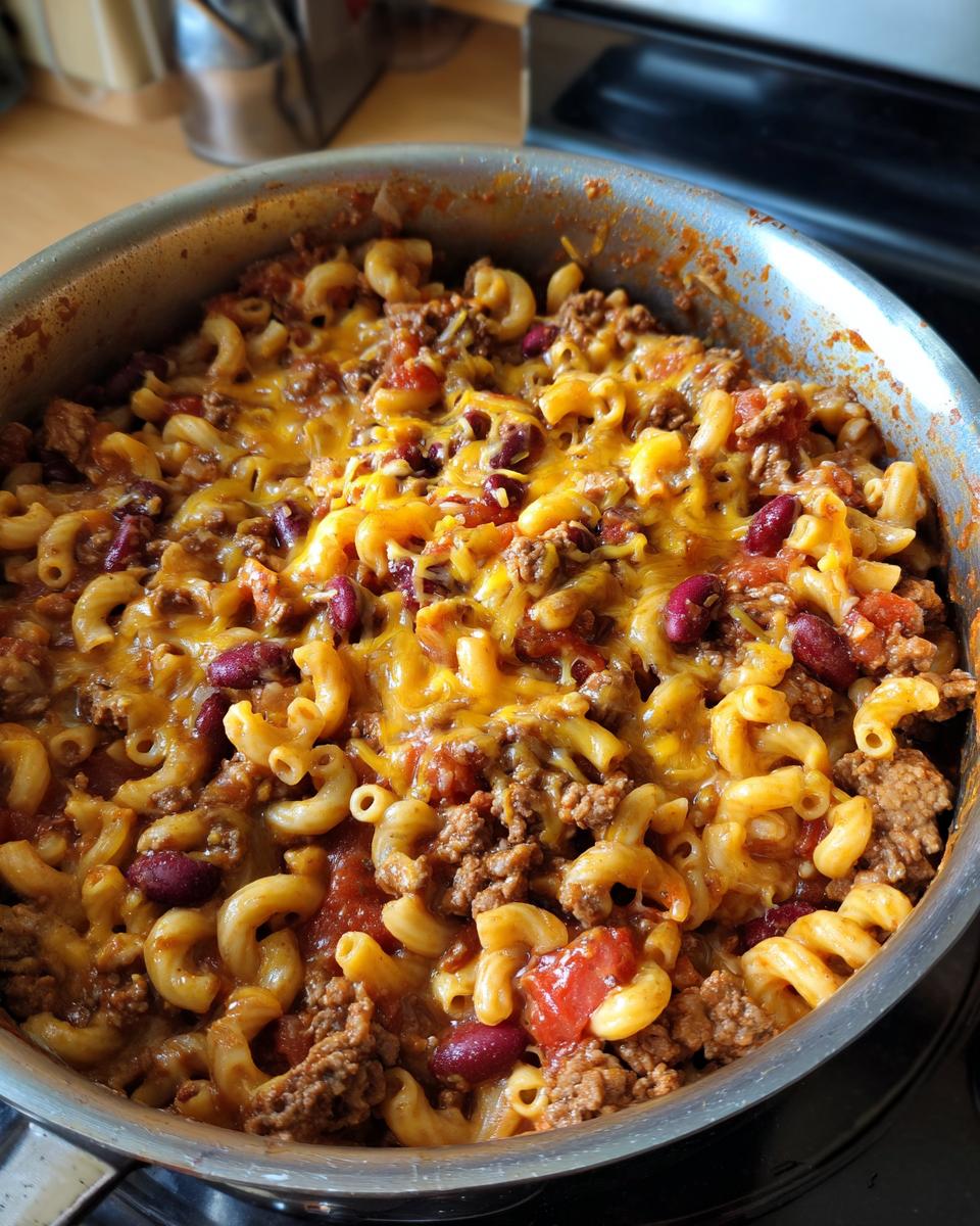 Close-up of a one pot taco pasta dish in a skillet, topped with melted cheddar cheese, kidney beans, and ground beef.