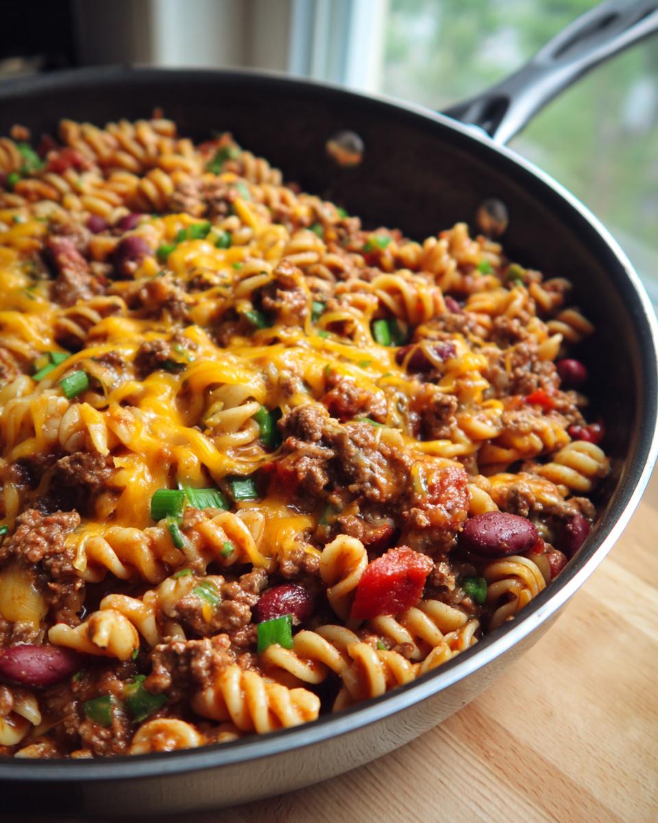 A close-up of a skillet filled with One Pot Taco Pasta, featuring rotini noodles, ground beef, kidney beans, and melted cheddar cheese.