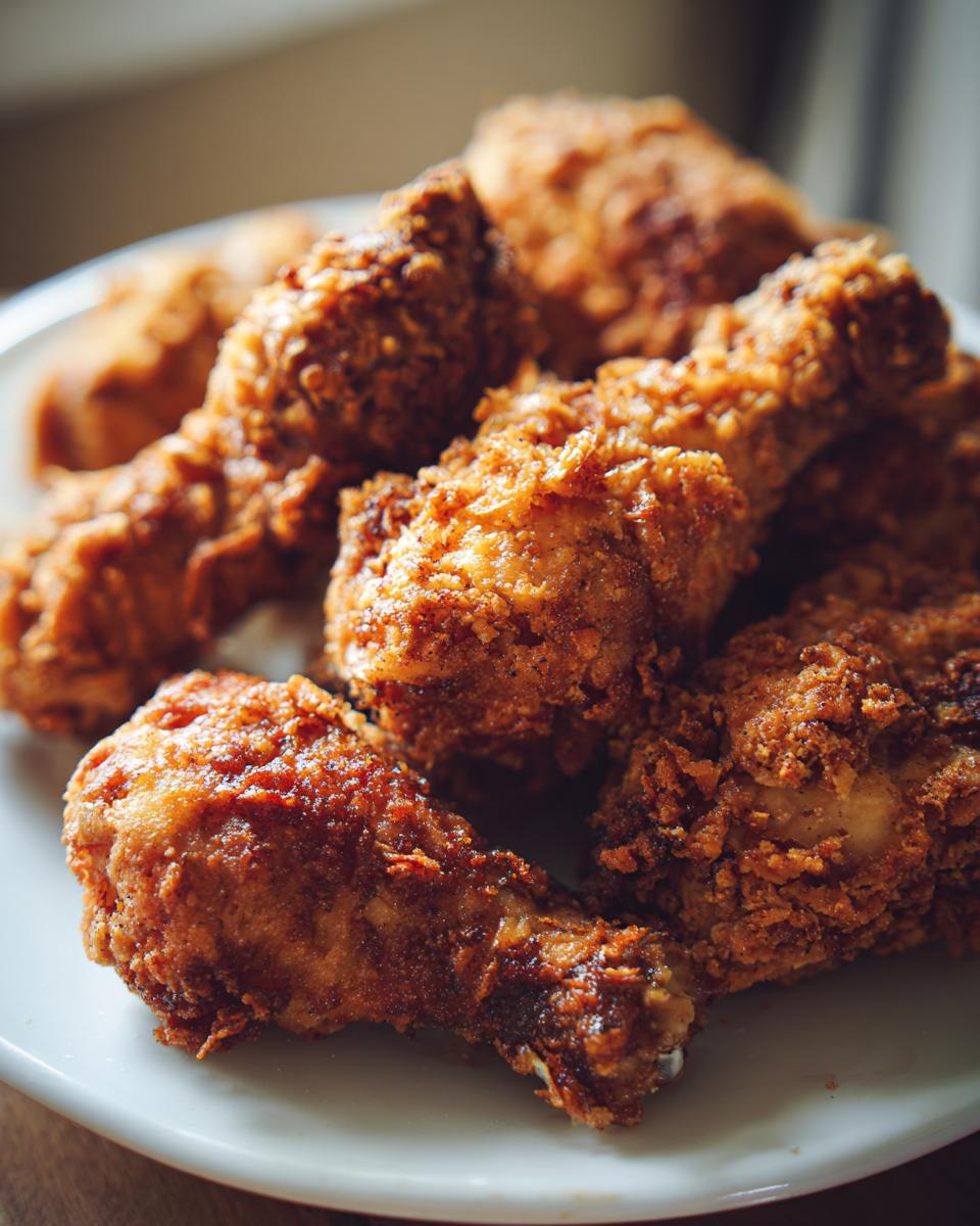 A close-up of a pile of golden-brown, crispy Oven Fried Chicken Drumsticks on a white plate.