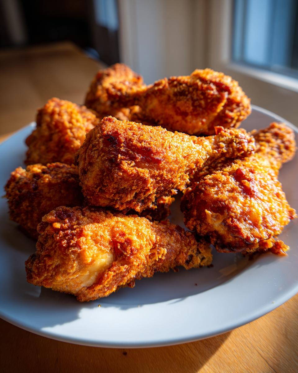 A pile of golden brown, crispy Oven Fried Chicken Drumsticks on a white plate, ready to be served.