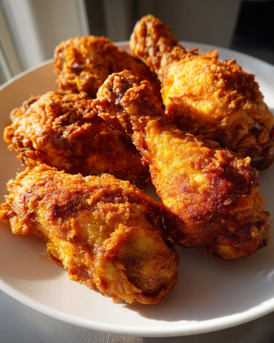 A close-up of golden-brown, crispy Oven Fried Chicken Drumsticks piled on a white plate, ready to be served.