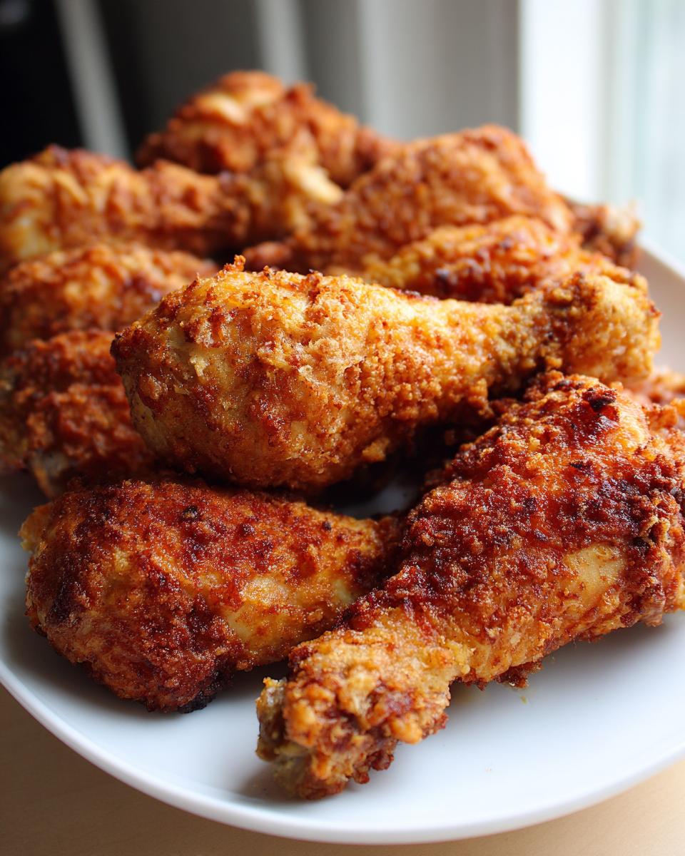 A close-up of a white platter piled high with golden-brown, crispy Oven Fried Chicken Drumsticks.