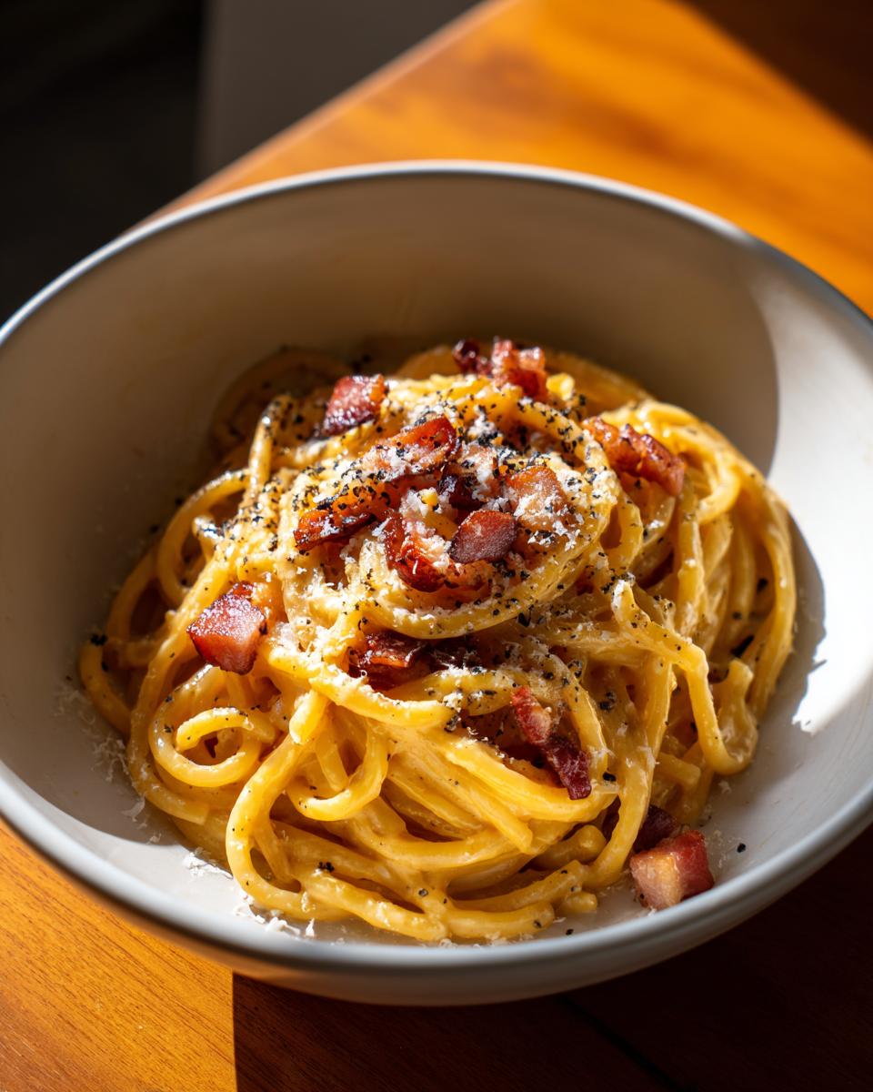 A close-up of a bowl of Pasta Carbonara, topped with crispy pancetta and freshly ground black pepper.