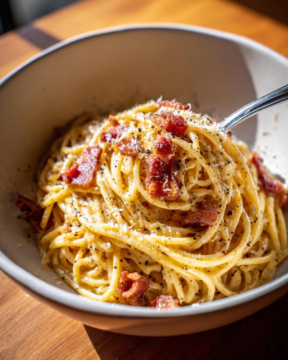 A close-up of a bowl of Pasta Carbonara topped with crispy pancetta and freshly ground black pepper.