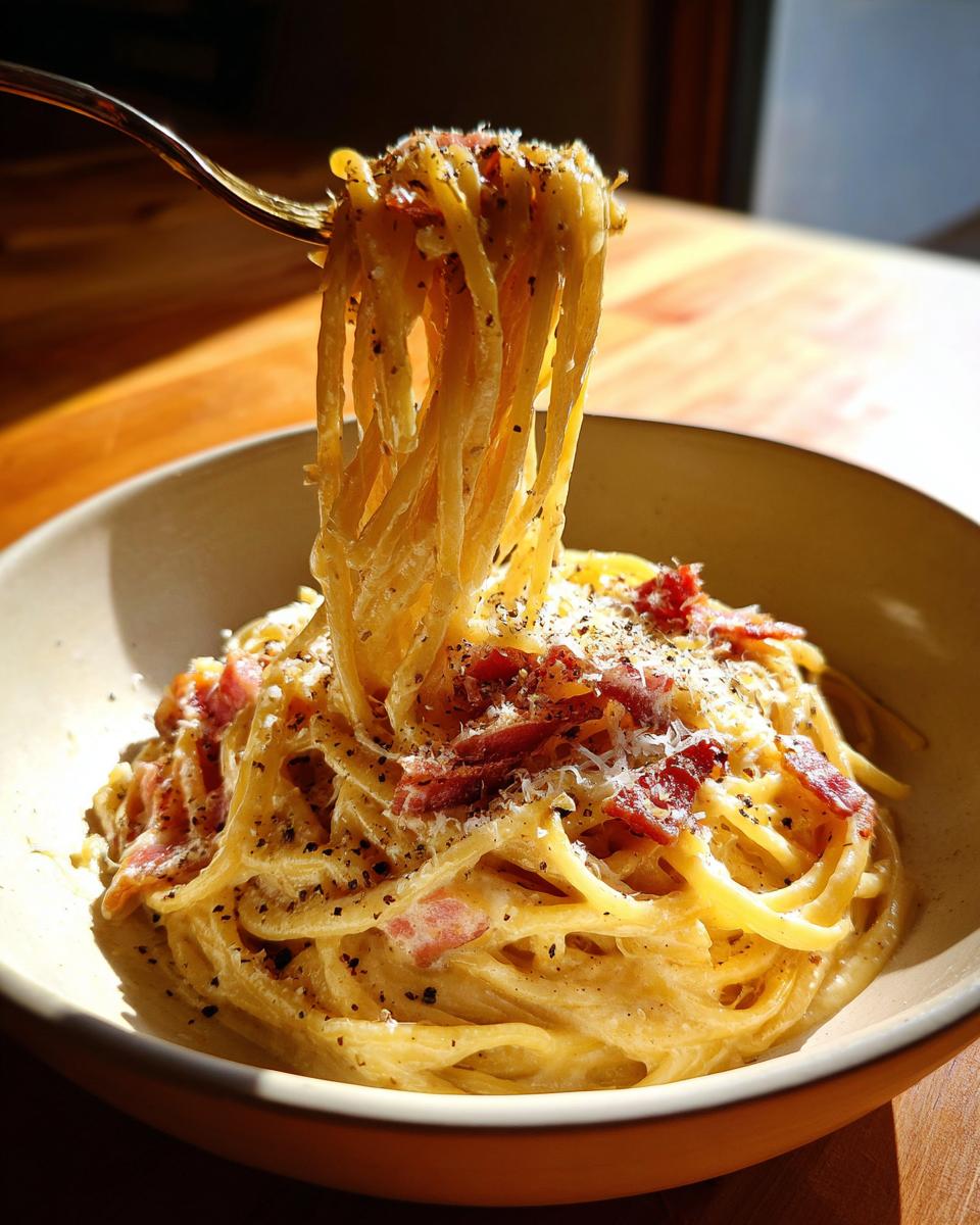 A fork lifting a swirl of spaghetti from a bowl of Pasta Carbonara, topped with crispy bacon and grated cheese.