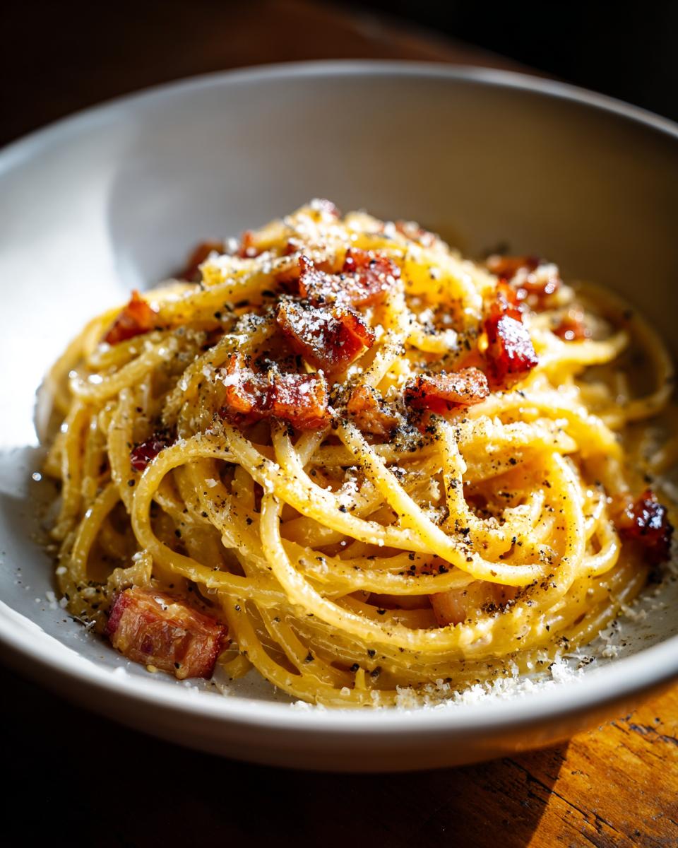 A close-up of a bowl of Pasta Carbonara, featuring spaghetti coated in creamy sauce, topped with crispy pancetta and black pepper.