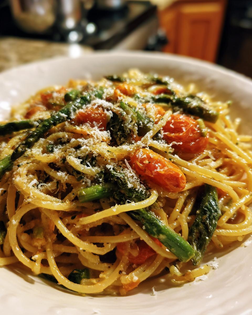 A close-up of a bowl of Pasta Primavera, featuring spaghetti, asparagus spears, and cherry tomatoes, topped with grated Parmesan cheese.