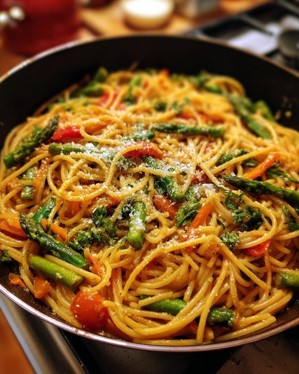 A close-up view of a pan filled with vibrant Pasta Primavera, featuring spaghetti, asparagus, carrots, and tomatoes, topped with grated cheese.