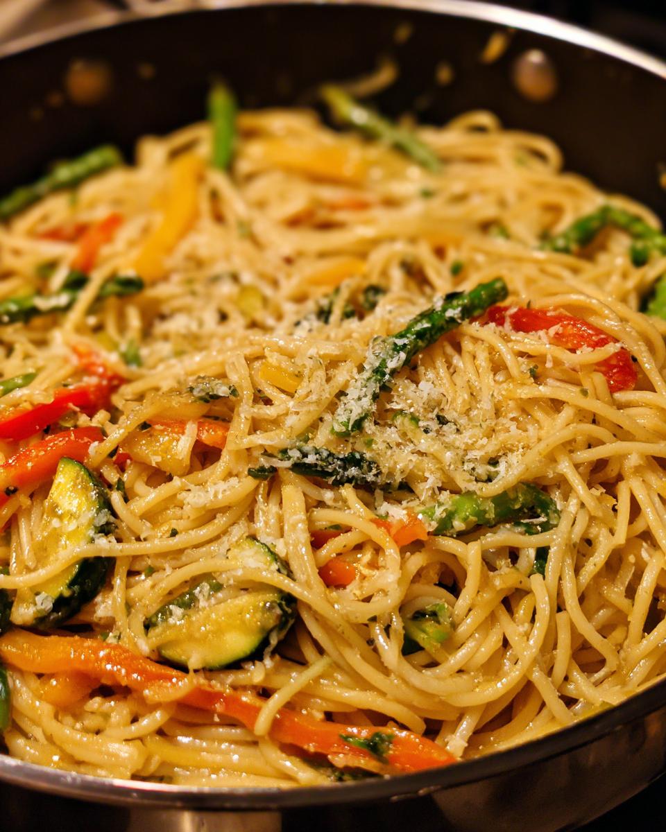 Close-up of Pasta Primavera in a pan, featuring spaghetti, zucchini, bell peppers, asparagus, and grated Parmesan.
