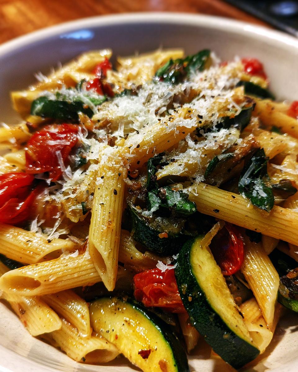 Close-up of a bowl of Pasta Primavera featuring penne pasta, sliced zucchini, cherry tomatoes, and grated Parmesan cheese.