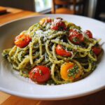 A close-up of Pesto Pasta With Cherry Tomatoes, tossed with fresh pesto and topped with grated Parmesan cheese.