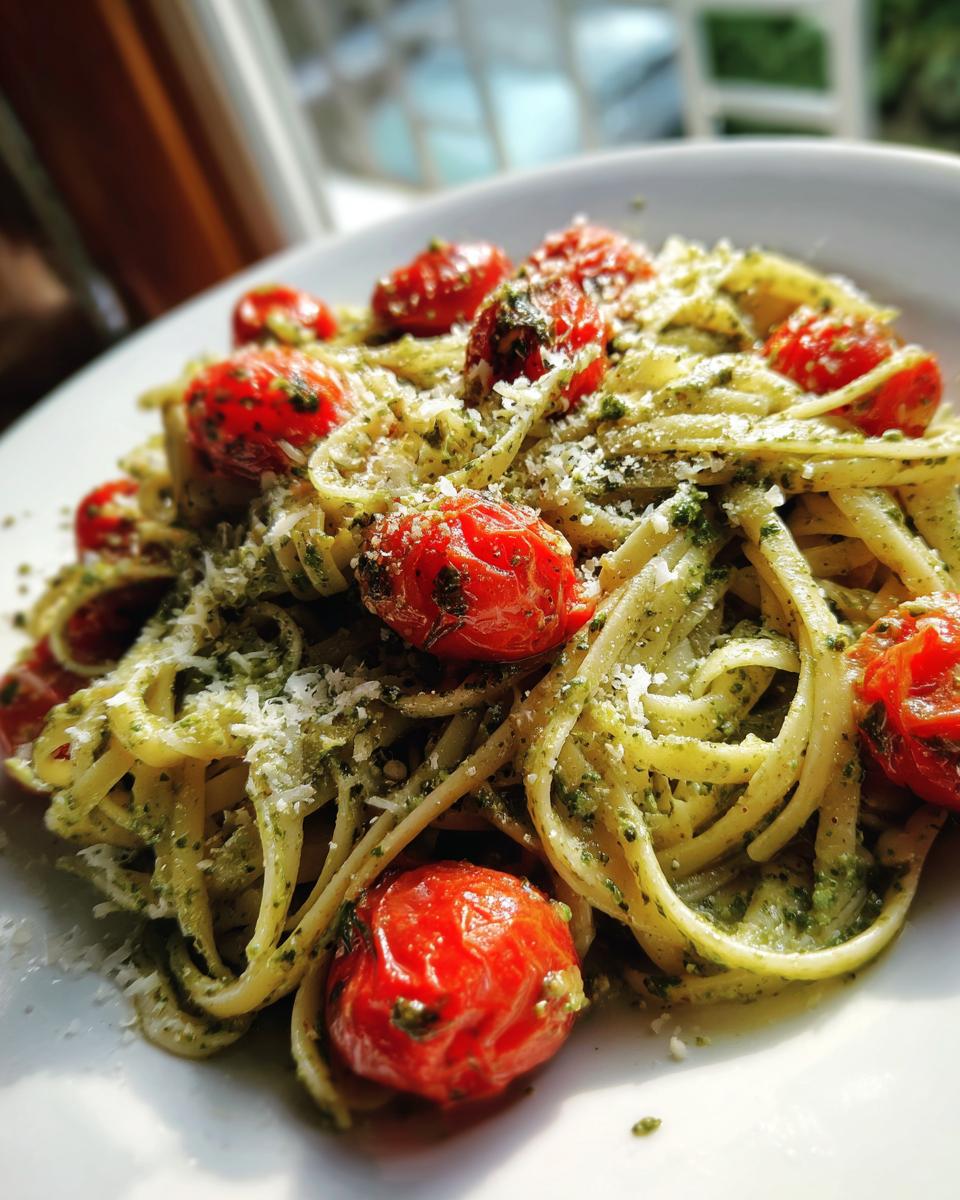A close-up of Pesto Pasta With Cherry Tomatoes, coated in vibrant green pesto and topped with roasted cherry tomatoes and grated Parmesan.