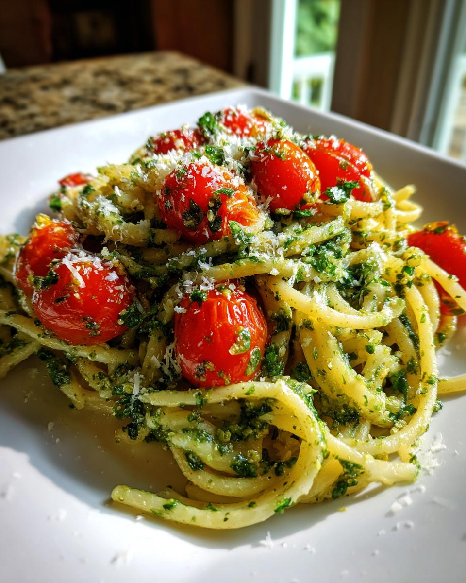 A close-up of Pesto Pasta With Cherry Tomatoes, showing twirled pasta coated in vibrant green pesto and topped with bright red cherry tomatoes and grated Parmesan.