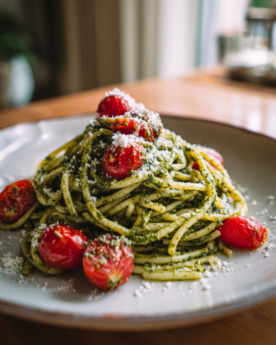 A plate of pesto pasta with cherry tomatoes and grated cheese, a delicious and quick meal.