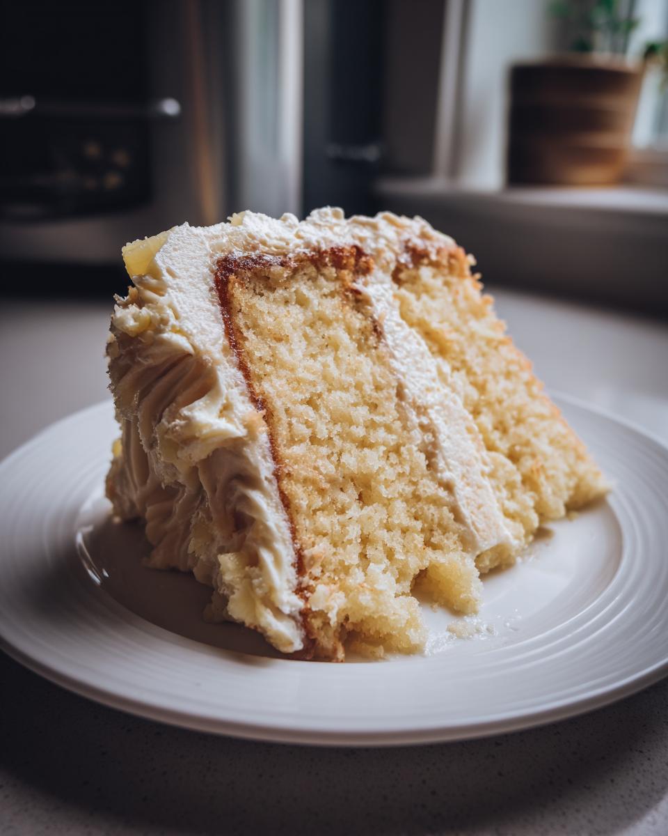 A delicious slice of Pineapple Cream Cake with fluffy frosting and moist cake layers.