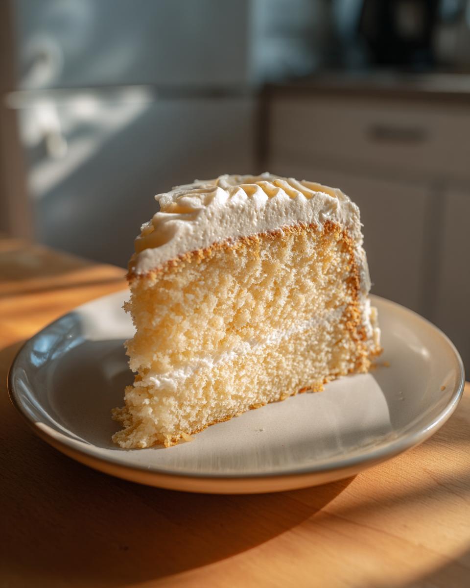 A slice of moist Pineapple Cream Cake with fluffy white frosting, presented on a plate.
