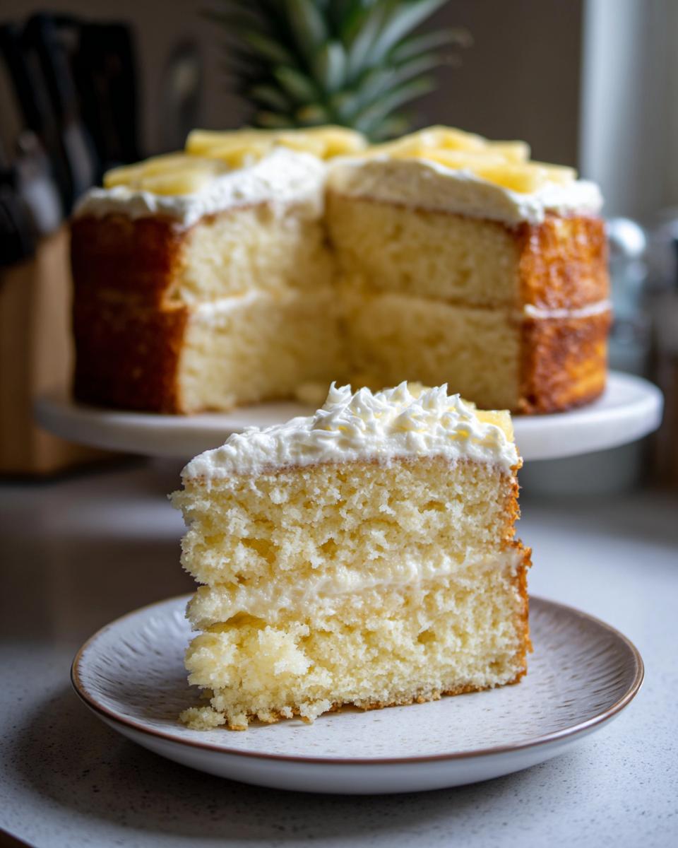 A moist slice of Pineapple Cream Cake with layers of cake and cream filling, topped with whipped cream and pineapple.