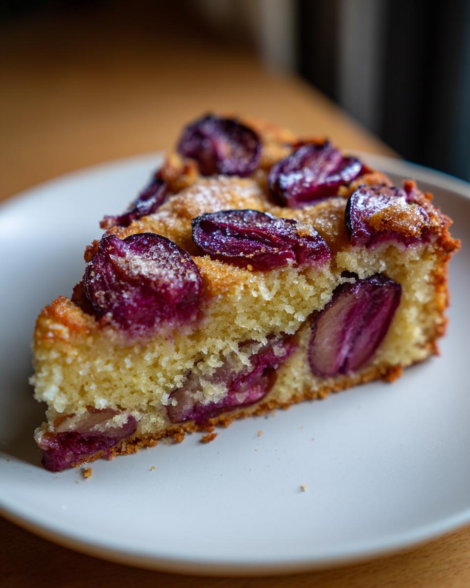 A close-up of a slice of Plum Torte Cake, showcasing the moist crumb and juicy plum pieces.