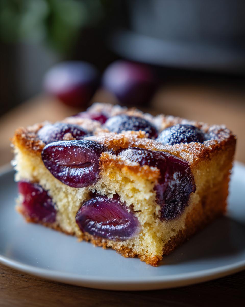 A close-up of a slice of delicious Plum Torte Cake, showcasing juicy plum halves baked into a moist cake.