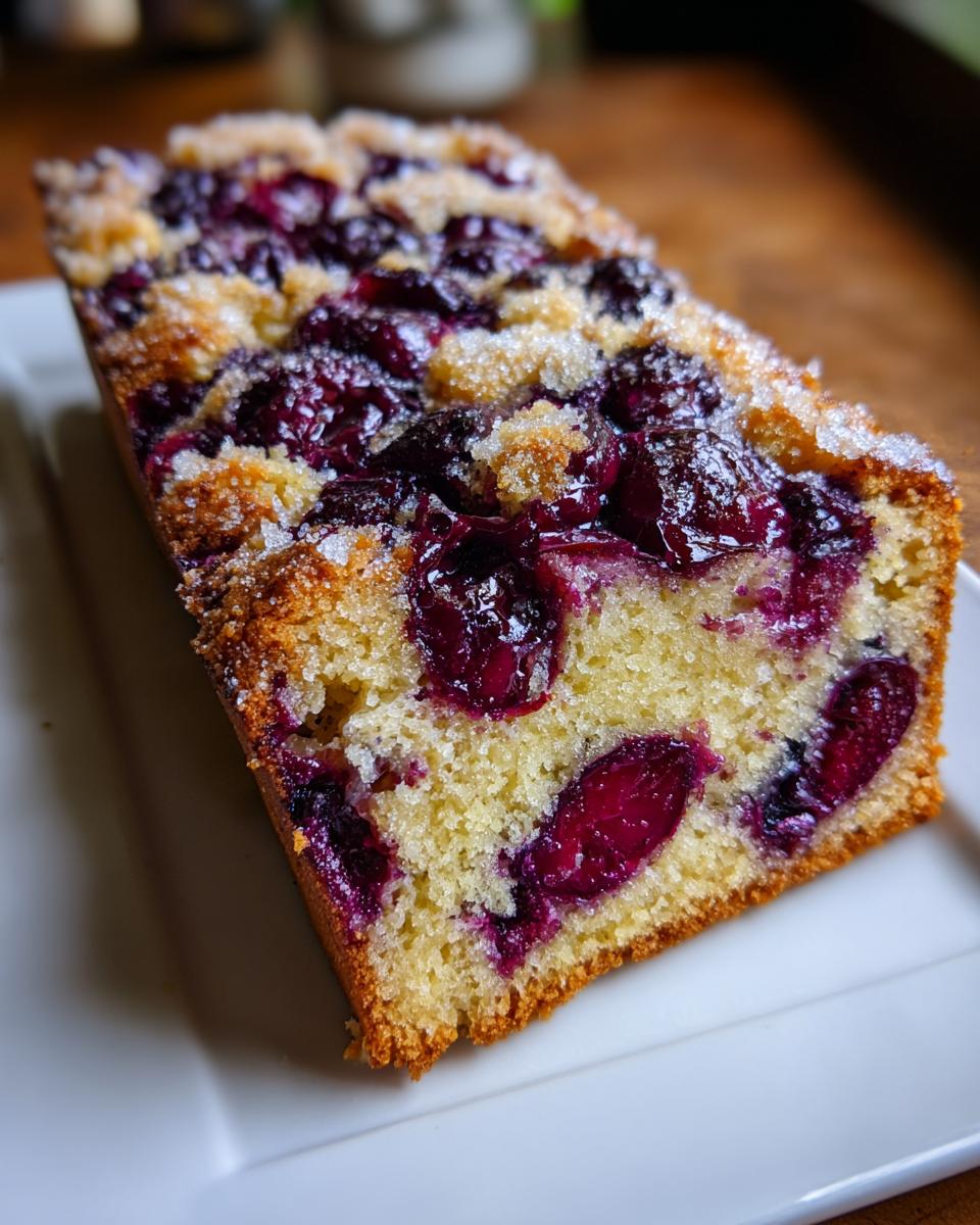 A close-up of a slice of Plum Torte Cake, showing juicy plums baked into a golden cake with a sugary topping.