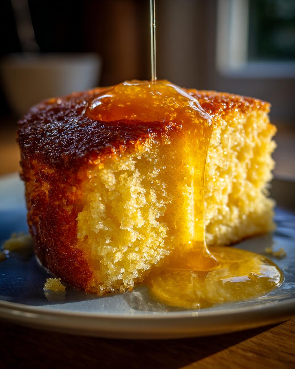 A slice of Polenta Cake With Lemon Syrup being drizzled with golden syrup.