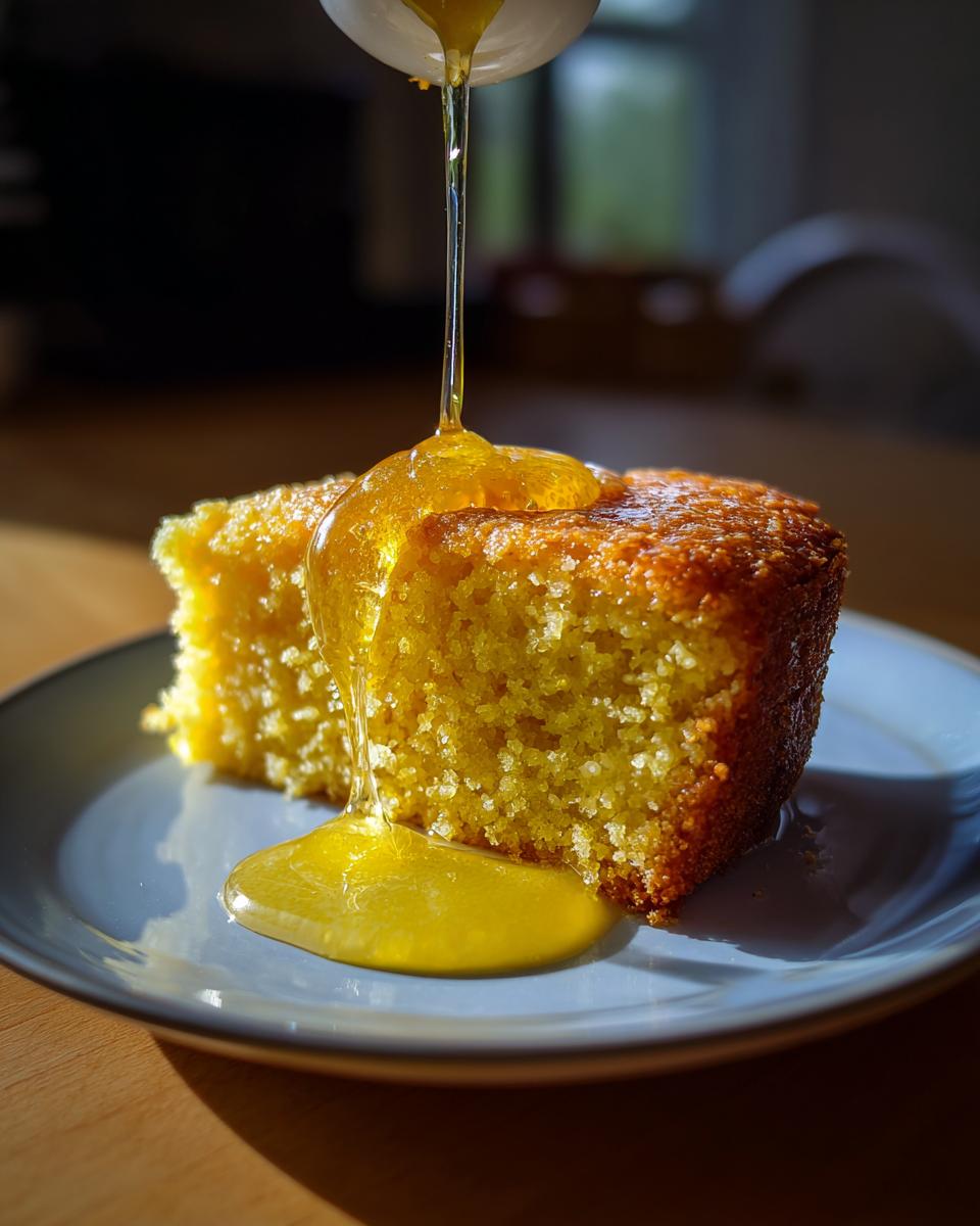 Two slices of golden Polenta Cake With Lemon Syrup being drizzled with more syrup.