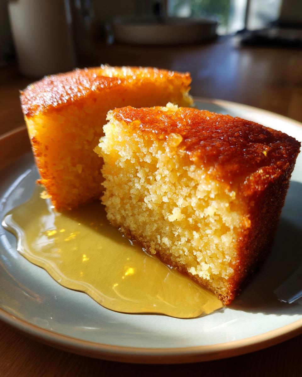 Two slices of moist Polenta Cake With Lemon Syrup, glistening with syrup on a plate.