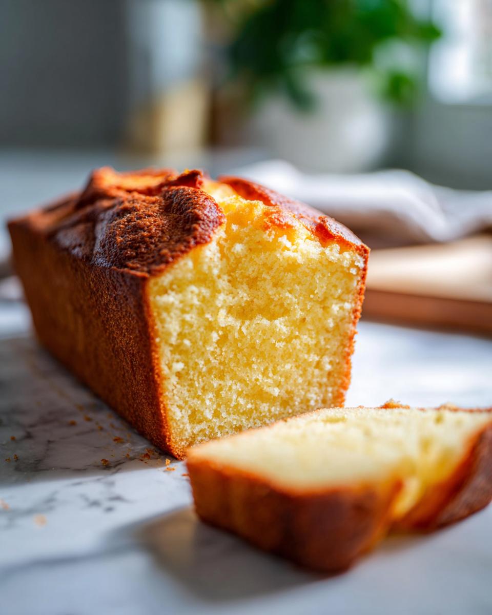 A golden-brown pound cake loaf with a slice cut and placed in front, showcasing its moist crumb.