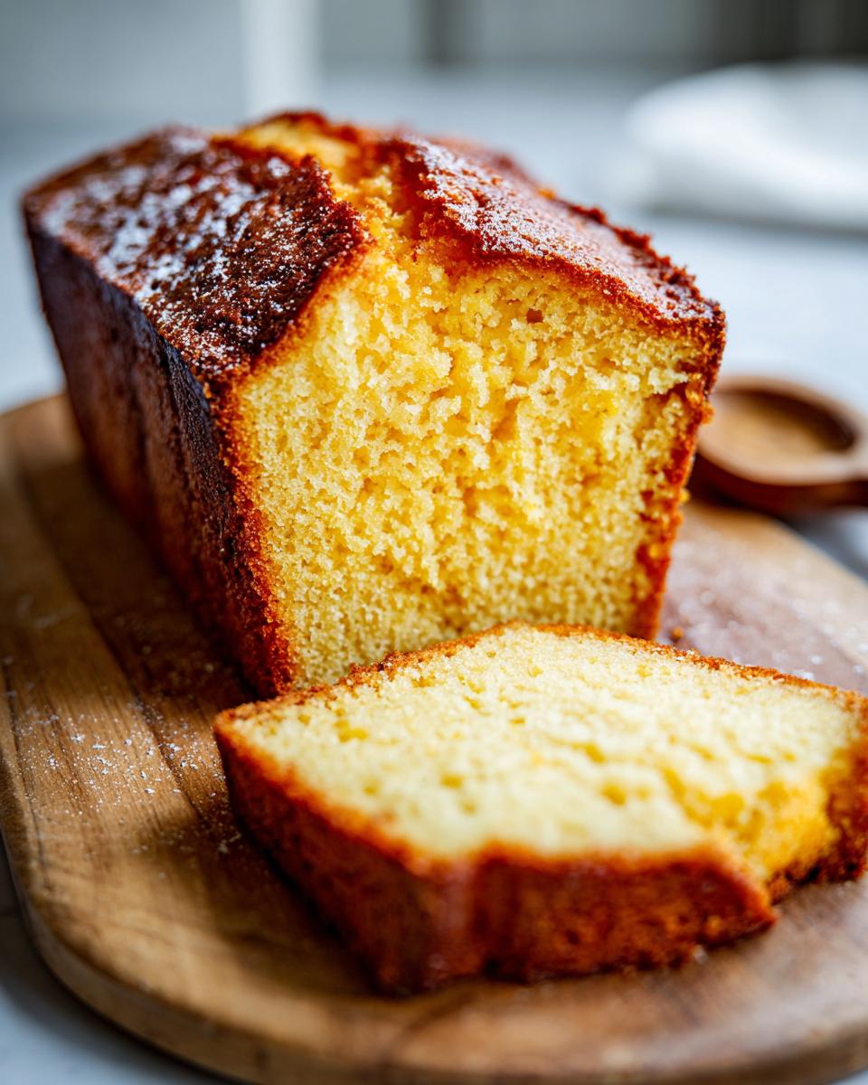 A close-up of a golden-brown pound cake loaf with a slice cut, showing its tender crumb.